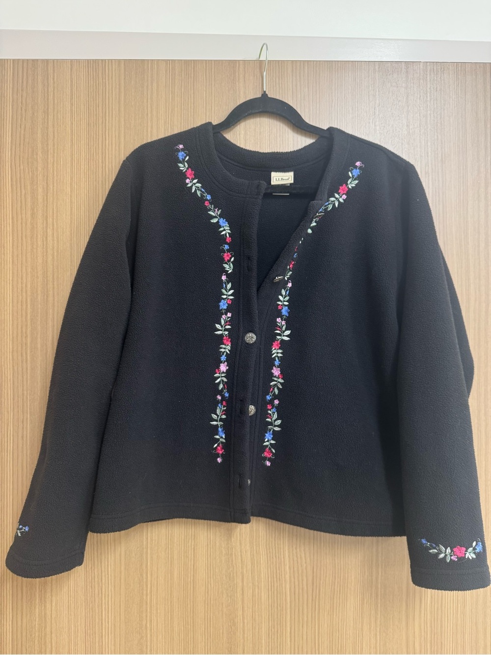 90s Vintage L.L. Bean Floral Embroidered Button-Front Fleece Sweater Jacket